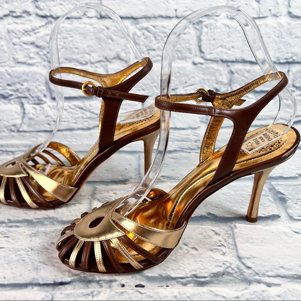 Rodo Italy Women 36 Brown Gold Leather Strappy T-Strap Stiletto Heel Sandals